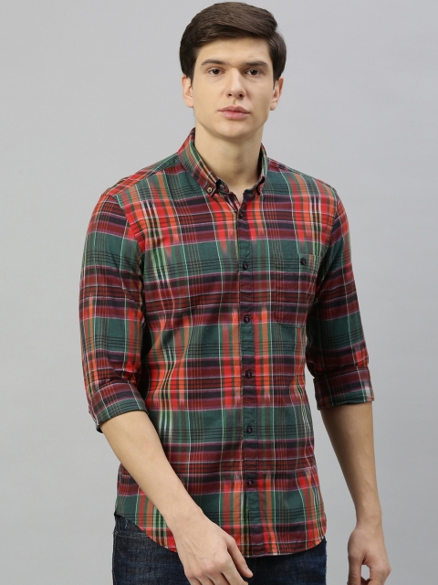 

RARE RABBIT Men Orange & Green Tailored Fit Checked Casual Shirt