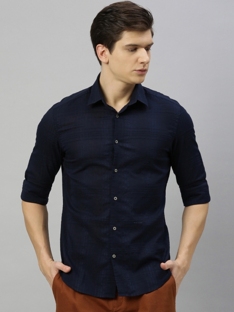 

RARE RABBIT Men Navy Blue Tailored Fit Self Checked Casual Shirt