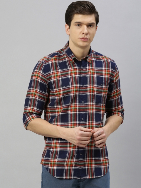 

RARE RABBIT Men Navy Blue & Orange Tailored Fit Checked Casual Shirt