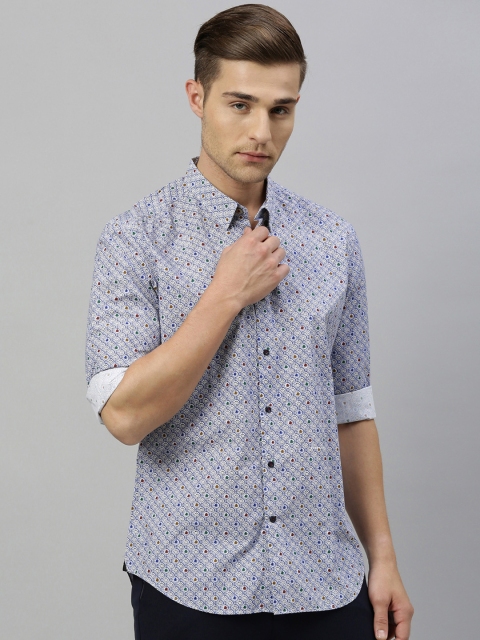 

RARE RABBIT Men Off-White & Blue Tailored Fit Printed Casual Shirt