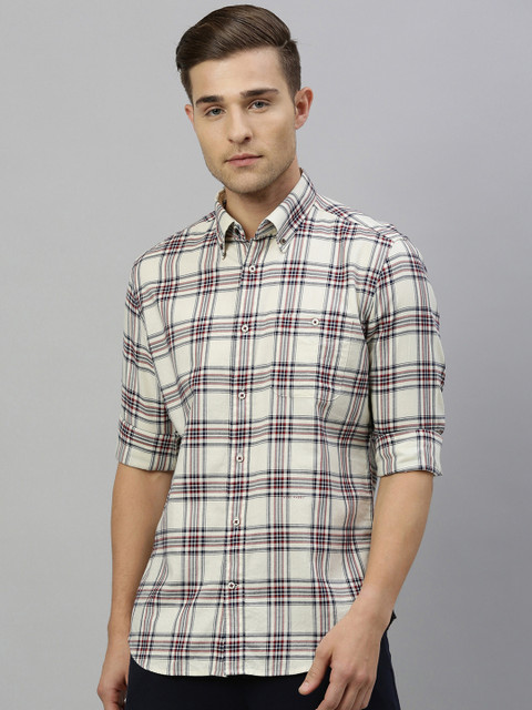 

RARE RABBIT Men Off-White & Navy Blue Tailored Fit Checked Casual Shirt