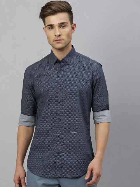 

RARE RABBIT Men Navy Blue & White Tailored Fit Micro Print Casual Shirt