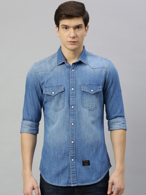 

RARE RABBIT Men Blue Denim Tailored Fit Faded Casual Shirt