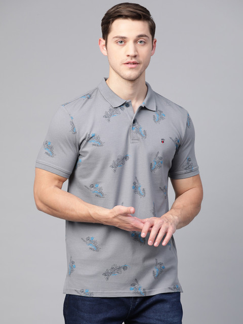 

Louis Philippe Sport Men Grey & Blue Floral Printed Slim Fit Polo Collar T-shirt