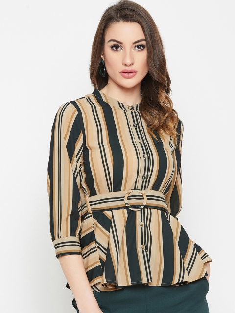 

Carlton London Women Black & Brown Striped Peplum Top