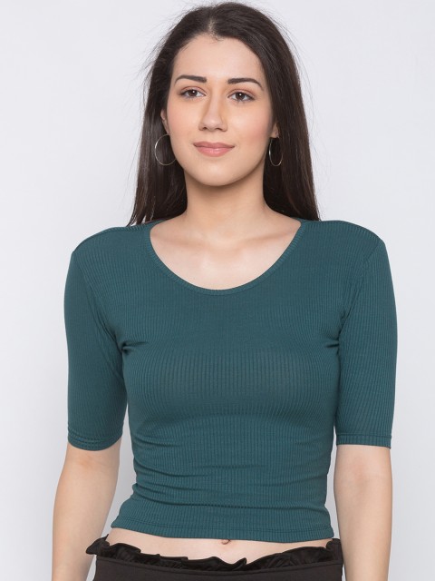 

Globus Women Tea Green Solid Knitted Crop Pure Cotton Top, Teal