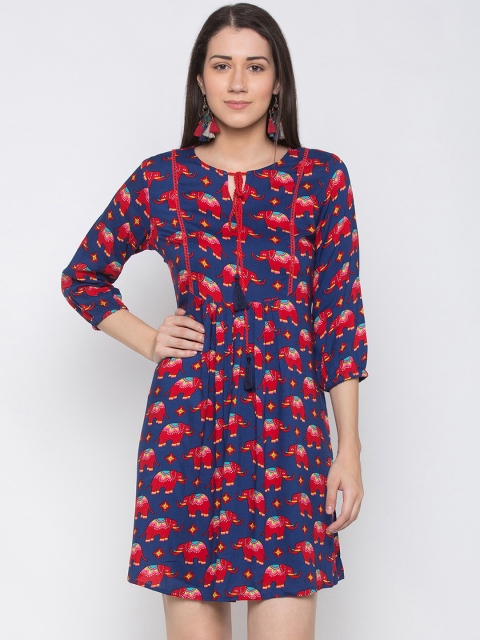 

Globus Women Navy Blue & Red Printed A-Line Dress