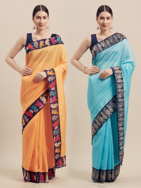 

Silk Bazar Peach & Turquoise Blue Pack of 2 Art Silk Solid Bhagalpuri Saree