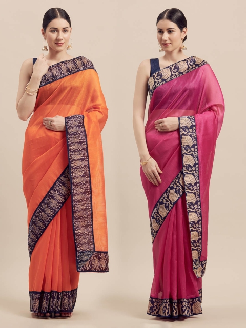 

Silk Bazar Orange & Pink Pack of 2 Art Silk Solid Bhagalpuri Saree