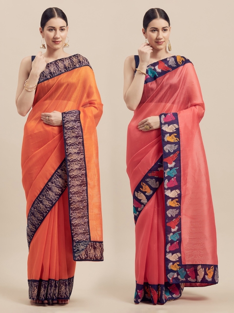 

Silk Bazar Orange & Peach Pack of 2 Art Silk Solid Bhagalpuri Saree