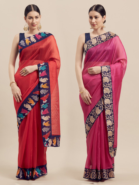 

Silk Bazar Red & Pink Pack of 2 Art Silk Solid Bhagalpuri Saree