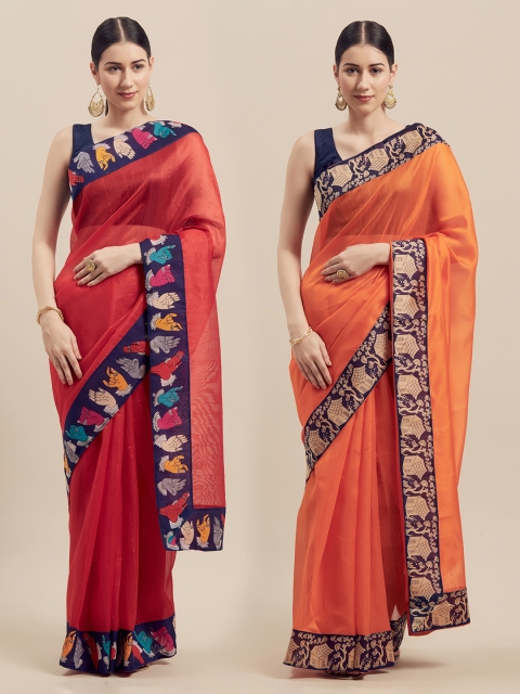 

Silk Bazar Red & Orange Pack of 2 Art Silk Printed Bhagalpuri Saree