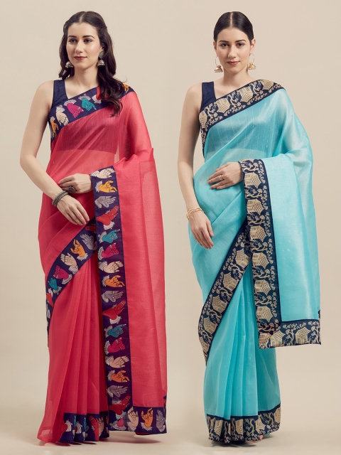 

Silk Bazar Pack of 2 Pink & Turquoise Blue Art Silk Solid Bhagalpuri Sarees