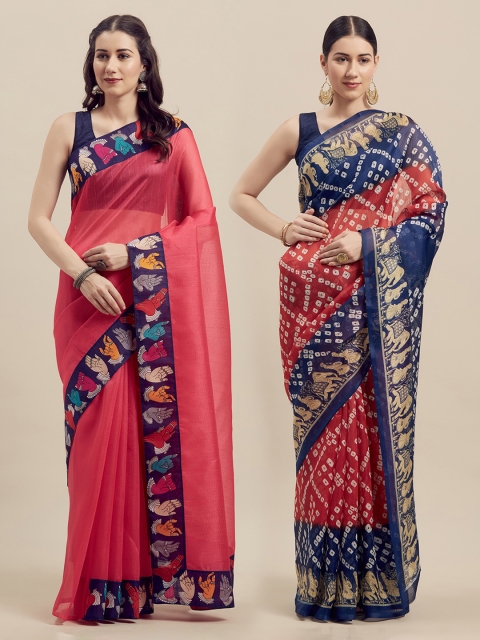 

Silk Bazar Pink & Navy Blue Pack of 2 Art Silk Printed Bhagalpuri Saree