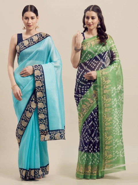 

Silk Bazar Turquoise Blue & Green Pack of 2 Art Silk Printed Bhagalpuri Saree