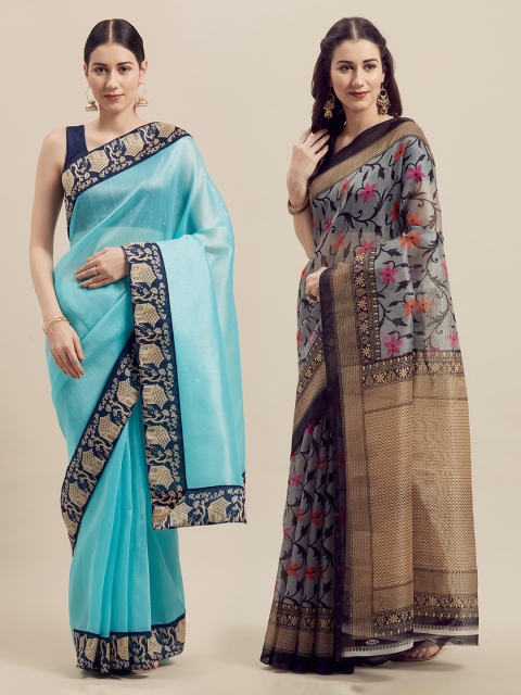 

Silk Bazar Turquoise Blue & Grey Pack of 2 Art Silk Printed Bhagalpuri Saree