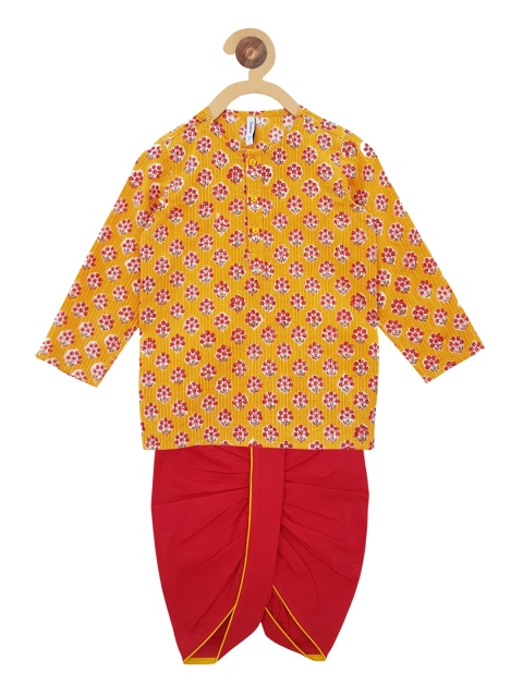 

Campana Boys Mustard Yellow & Red Printed Kurta with Dhoti Pants