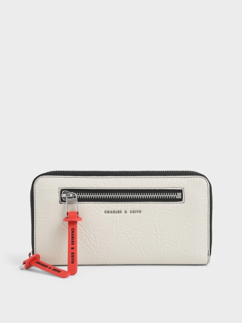 

CHARLES & KEITH Women Cream-Coloured Textured Zip Around Wallet