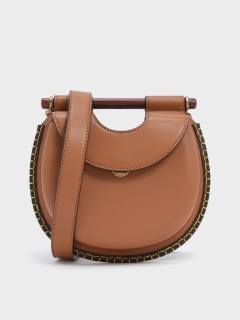 

CHARLES & KEITH Tan Brown Solid Sling Bag with Wood Effect Handle