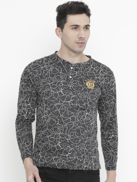 

WITH Men Charcoal Grey & White Printed Henley Neck T-shirt