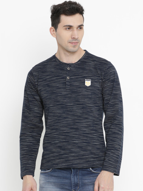 

WITH Men Navy Blue & Grey Printed Henley Neck T-shirt