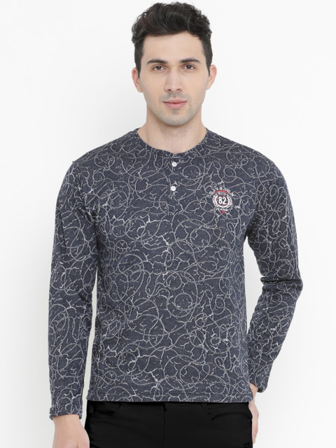 

WITH Men Navy Blue & White Printed Henley Neck T-shirt