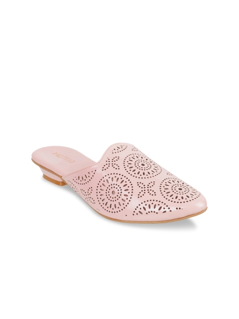 

Metro Women Baby Pink Laser Cut Heeled Mules