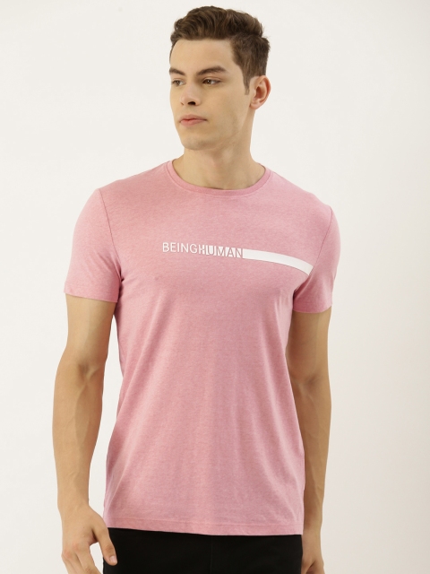 

Being Human Men Pink Melange Solid Round Neck T-shirt With Printed Detailing