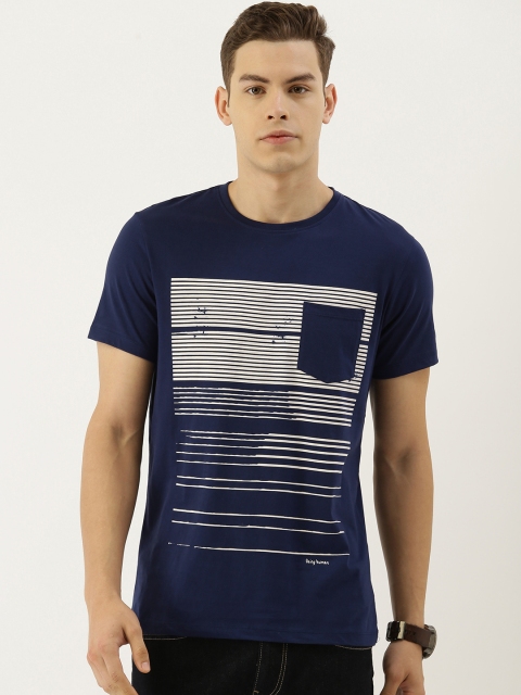 

Being Human Men Navy Blue & Off-White Striped Round Neck T-shirt With Chest Pocket