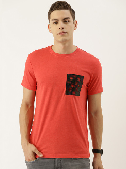 

Being Human Clothing Men Coral Orange Solid Round Neck T-shirt with Pocket Detailing