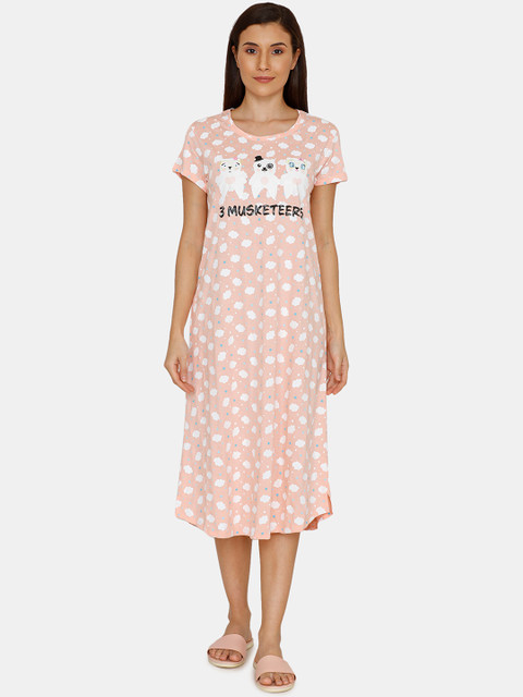 

Zivame Women Peach & White Conversational Print Pure Cotton Sleep Shirt