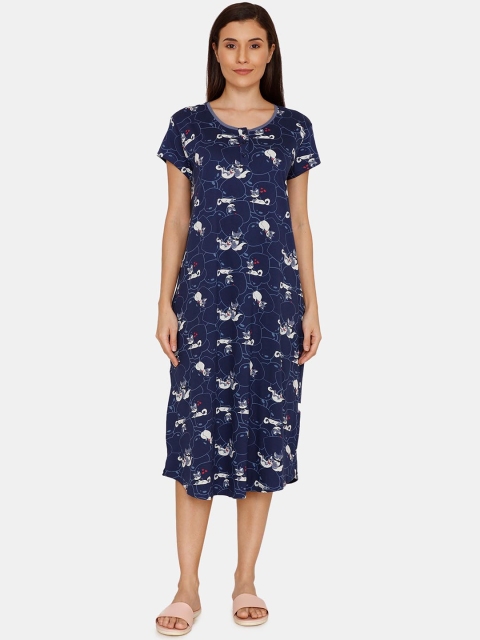 

Zivame Women Navy Blue & White Tom & Jerry & Heart Print Pure Cotton Sleep Shirt