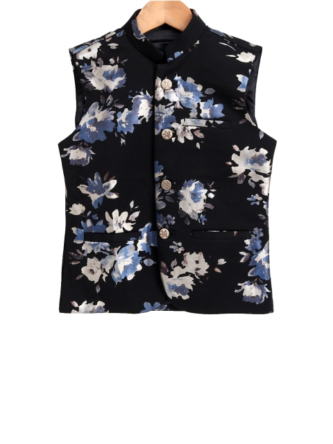 

JBN Creation Boys Black & Blue Floral Printed Satin Nehru Jacket
