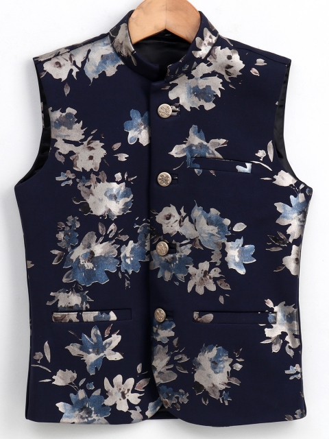 

JBN Creation Boys Navy Blue & Grey Floral Printed Satin Nehru Jacket