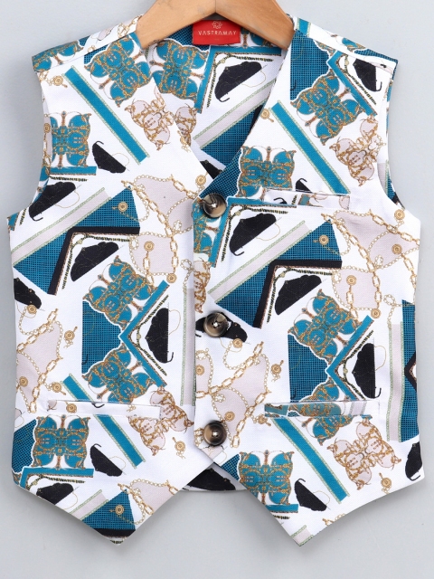 

JBN Creation Boys Blue & White Printed Nehru Jacket