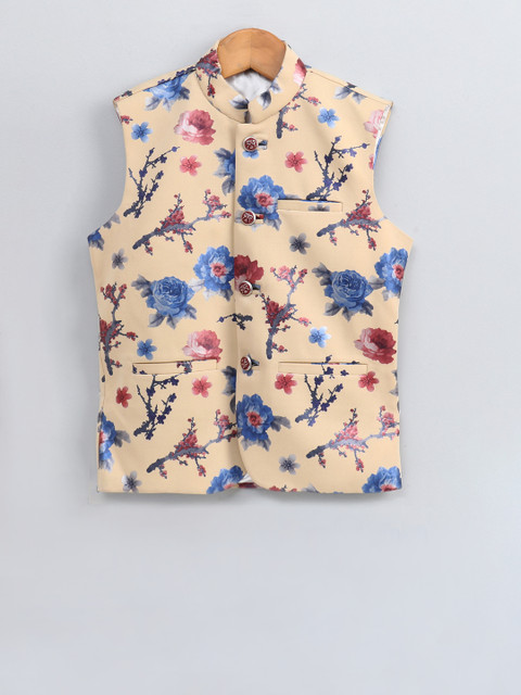 

JBN Creation Boys Cream-Coloured & Blue Printed Satin Nehru Jacket