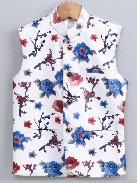 

JBN Creation Boys White & Blue Floral Printed Satin Nehru Jacket