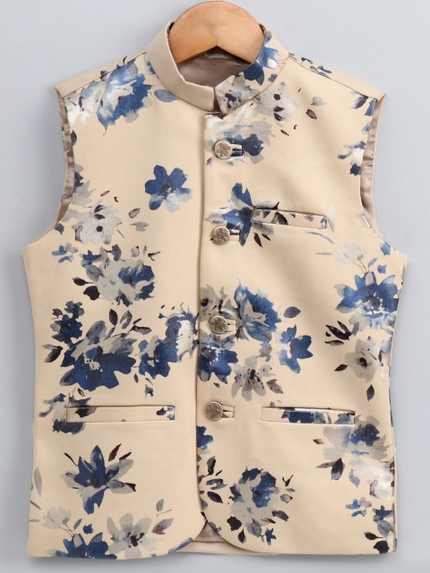 

JBN Creation Boys Cream-Coloured & Blue Floral Printed Satin Nehru Jacket