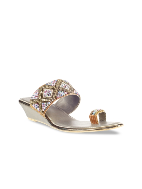 

Khadims Women Gold-Toned & Off-White Embellished Wedges