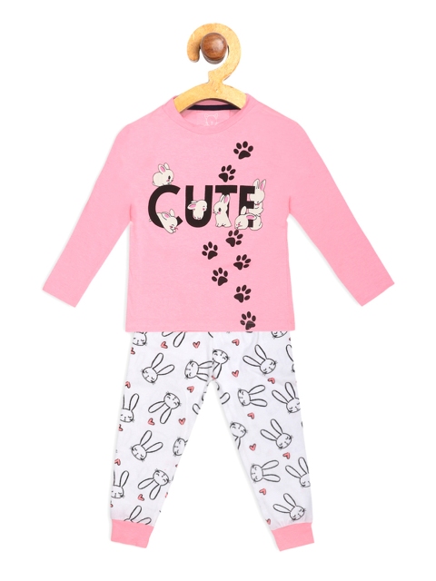 

Lazy Shark Girls Pink & White Printed Night suit