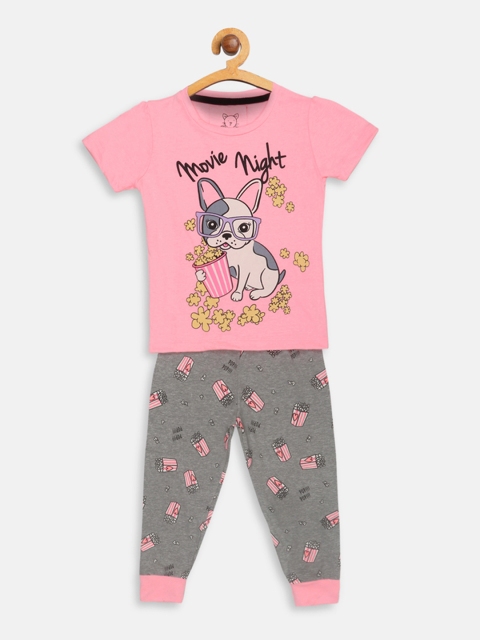 

Lazy Shark Girls Pink & Grey Printed Night suit