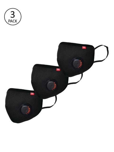 

SWISS MILITARY Unisex Black Pack Of 3 3-Ply Valved Anti-Bacterial Reusable Outdoor Masks