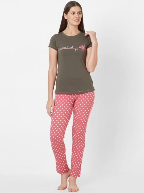 

Sweet Dreams Women Olive Green & Red Printed Night suit