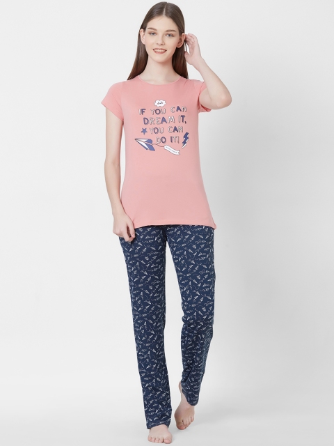 

Sweet Dreams Women Pink & Navy Blue Printed Night suit