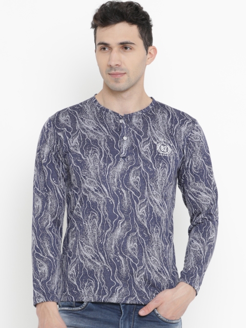 

WITH Men Navy Blue Printed Henley Neck T-shirt