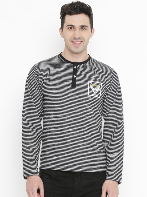 

WITH Men Black Striped Henley Neck T-shirt
