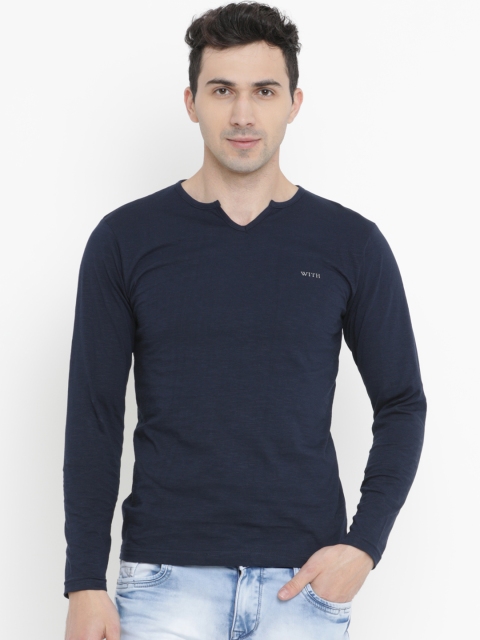 

WITH Men Navy Blue Solid V-Neck T-shirt
