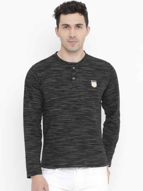 

WITH Men Black Striped Henley Neck T-shirt