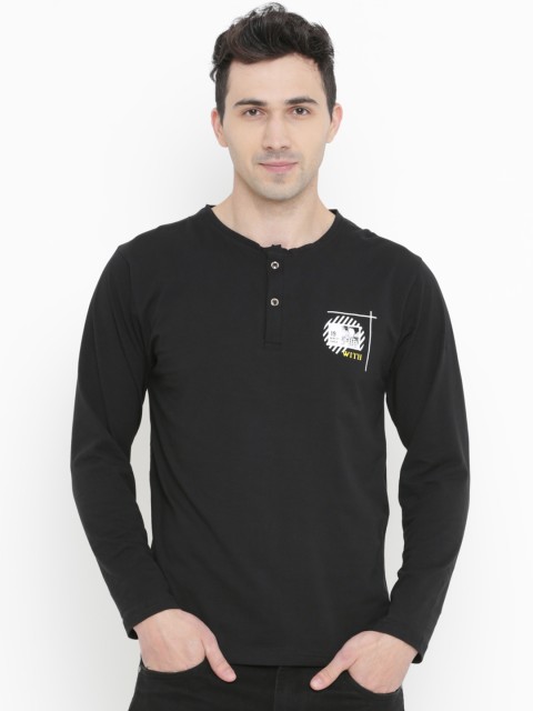 

WITH Men Black Solid Henley Neck T-shirt