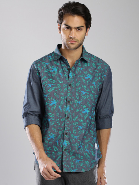 

Breakbounce Navy Printed Denim Casual Shirt, Navy blue